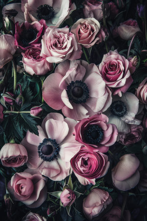 Moody Floral Tapestry Dark Anemones and Roses in Vintage Style.の素材