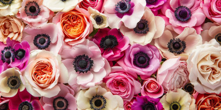Exquisite Array of Anemones and Roses in Full Spring Bloom.の素材