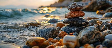 A serene pile of smooth stones balanced perfectly by the shimmering water's edge during a calm sunset.の素材