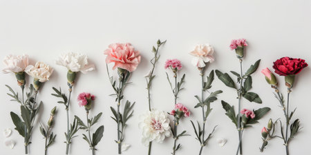 Assorted Elegant Flowers Arranged in a Seamless Row on White.の素材