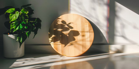 Serene Shadows Plant and Wooden Round Casting Natural Silhouettes.の素材