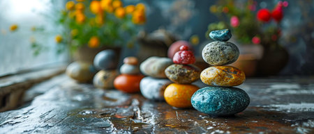 A row of colorful rocks are stacked on top of each other.の素材
