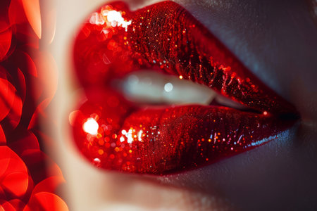 Glittering Red Lipstick on Sensual Lips Close-up.の素材
