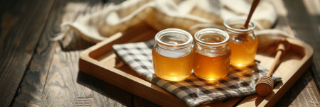 Golden Honey Jars on Wooden Tray with Dipper.の素材