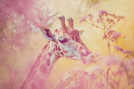 Dreamlike Giraffe Amongst Fantasy Pink Blossoms.の素材