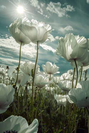 A field of white flowers with a blue sky in the background. The flowers are in full bloom and the sun is shining brightlyの素材