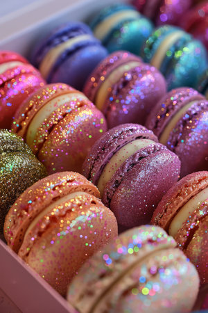 A box of macarons with glittery frosting. The macarons are in various colors and are arranged in a visually appealing mannerの素材