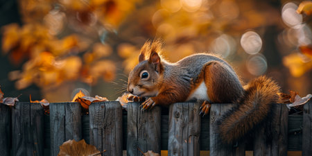 Squirrel Perched on a Wooden Fence Amid Autumn Leaves.の素材
