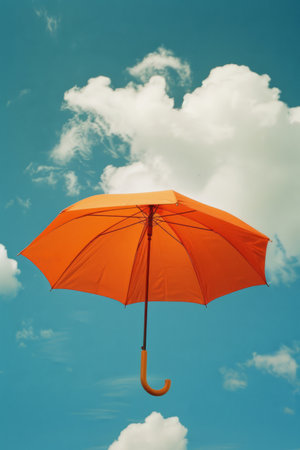 Photo of a cheerful tangerine-colored umbrella with a fluffy white cloud overhead, creating a playful contrast on a clear blue background , home photo, soft flash, 90s style, no retouching --ar 2 3 --style raw --stylize 200 Job ID 43316975-1ee9-40f8-a245-cf752864f144の素材