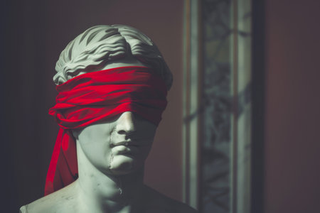 Enigmatic Statue with Red Blindfold in Soft, Moody Lightingの素材