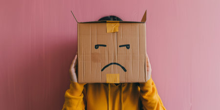Person Wearing Box with Sad Face Drawn on It.の素材
