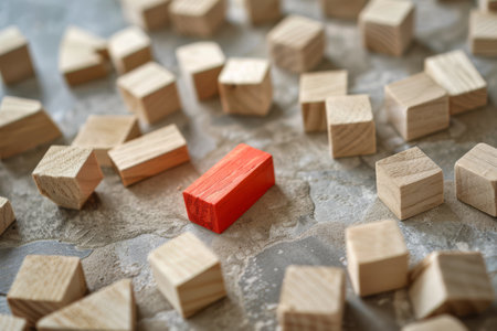 Red Wooden Block Standing Out Among Neutral Blocks.の素材