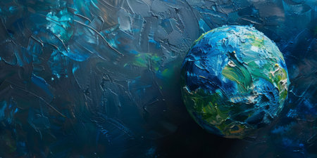 Textured Hand-Painted Globe on Abstract Blue Background.の素材