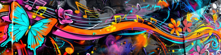 Graffiti Wall with Musical Notes and Vibrant Urban Art.の素材