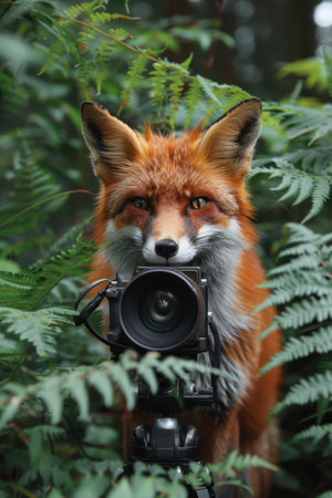 Red Fox Acting as a Photographer Using a Large Camera.の素材