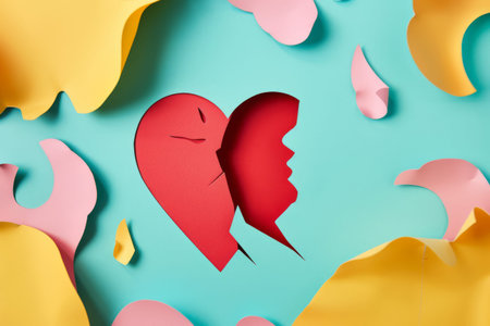 Artistic Paper Silhouette of a Broken Heart on Colorful Background.の素材