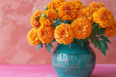 Vibrant Marigolds in Turquoise Vase Against Pink Background.の素材