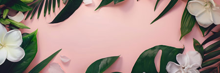 Tropical Plant Frame on a Pastel Pink Background.の素材