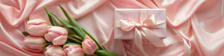 Elegant Bouquet of Tender Pink Tulips with Satin Gift Box.の素材