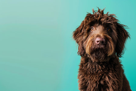 A brown dog with a messy, shaggy coat is staring at the camera.の素材