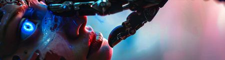 A robot is touching a woman's face. The robot is blue and the woman is red. The robot is made of metal and has a mechanical look. The woman's face is covered in blood and has a creepy expressionの素材
