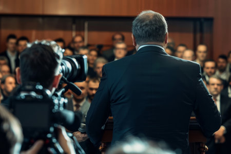 A man in a suit stands behind a podium in front of a crowd. A camera is recording the proceedingsの素材