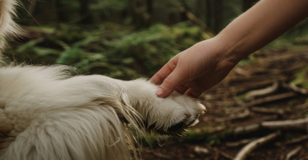 A hand is petting a dog's paw in a forestの素材
