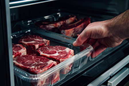 Hand Picking a Sealed Tray of Prime Cut Steak from Refrigerator.の素材