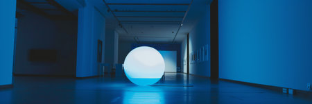 Bright Blue Spherical Light Installation in Modern Art Gallery.の素材