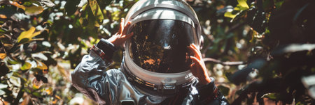 A person in a space suit is holding their hands up in the air. The has a playful and whimsical mood, as if the person is pretending to be an astronaut exploring the jungleの素材