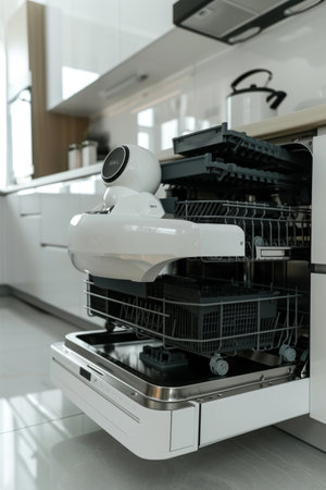Advanced Robot with White Body in Modern Kitchen.の素材