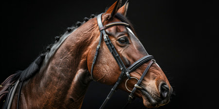 Elegant Brown Horse with Distinctive White Marking and Black Bridle.の素材