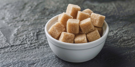 A bowl of sugar cubes sits on a counter. The sugar cubes are all different sizes and are piled on top of each other. Concept of abundance and indulgenceの素材