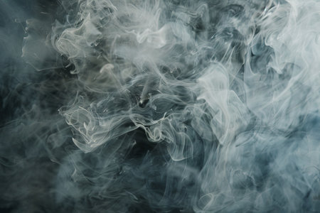 A thick, dense cloud of smoke with a blue tint. The smoke is billowing and swirling, creating a sense of movement and chaos. Scene is dark and ominousの素材
