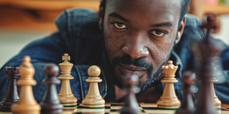 A man is playing chess and looking at the camera. The chess pieces are arranged in a pattern, with some of them being in the foreground and others in the background. The man is focused on the gameの素材