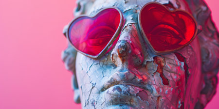 Antique Sculpture with HeartShaped Red Sunglasses on Pink Background.の素材