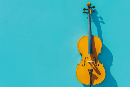 A yellow violin is leaning against a blue wallの素材
