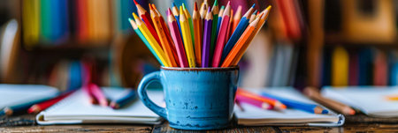 A blue mug filled with a rainbow of colored pencils sits on a table. The scene is likely set in a classroom or a workspace, where the pencils are used for writing or drawingの素材