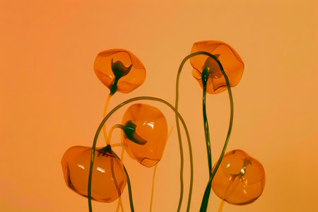 Surreal Orange Poppies Against Soft Peach Background in a Contemporary Art Style.の素材