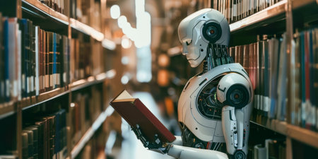 Futuristic Robot Reading a Book in a Library.の素材