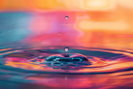 Colorful Liquid Droplet Poised Delicately Above Water Surface.の素材