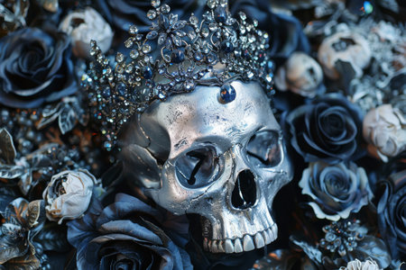 Silver Skull Adorned with Royal Tiara Surrounded by Dark Roses.の素材