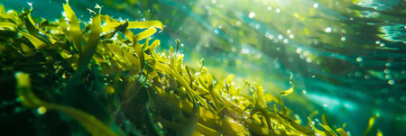 Dense Cluster of Green Seaweed Swaying in Sunlit Underwater Scene.の素材