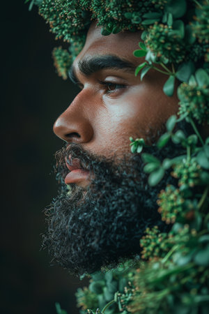 Mans Face Profile with Small Green Burrs Decorated in Beard.の素材