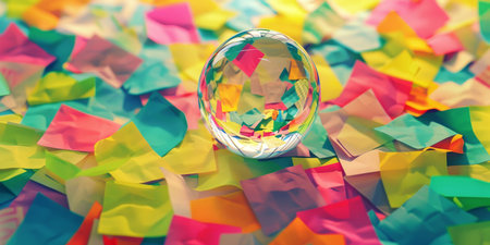 Transparent Orb Among Colorful Confetti with Vibrant Colors.の素材