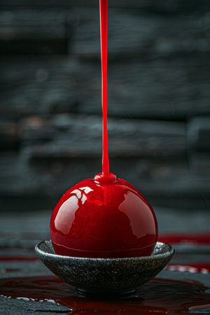 Vibrant Red Glaze Smoothly Draping Over a Spherical Dessert.の素材