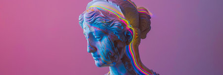 A statue of a woman with a rainbow background. The statue is made of stone and has a blue and pink color scheme. The background is a mix of purple and pink, creating a vibrant and colorful atmosphereの素材