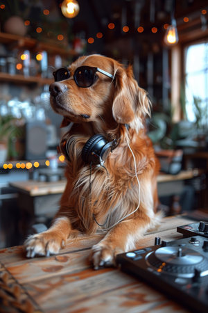 Cool Dog Wearing Sunglasses and Headphones in a Stylish Setting.の素材