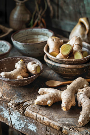 A table with a variety of bowls and spoons, and a pile of ginger.の素材