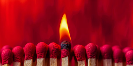 Striking Visual of a Match Igniting with a Bold Red Background.の素材